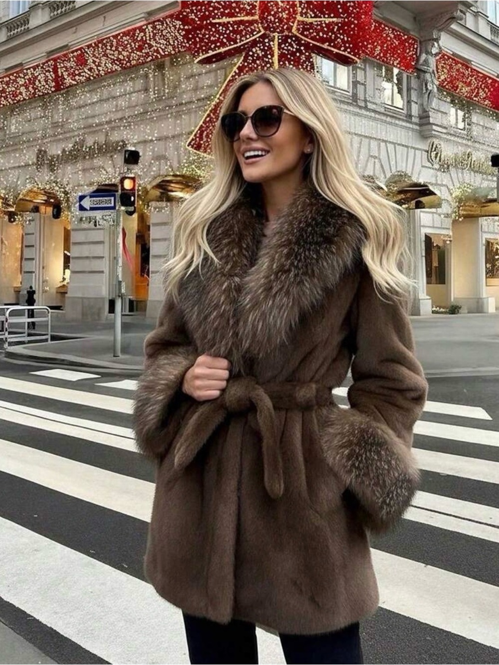 Women's Brown Faux Fur Trim Belted Coat